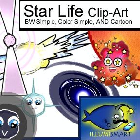 Colorful cartoon-style star life clip-art featuring smiling celestial characters, rockets, and cosmic elements in vibrant hues.