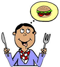 A cartoon man in a blue shirt and red checkered scarf holds a knife and fork, thinking about a hamburger in a thought bubble.