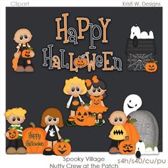 Cute cartoon Halloween characters including kids, pumpkins, ghosts, and a tombstone in a spooky village scene.