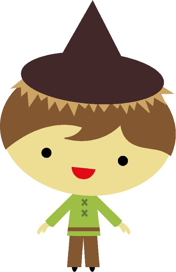 Smiling cartoon scarecrow boy with brown pointed hat, green shirt, and brown pants.
