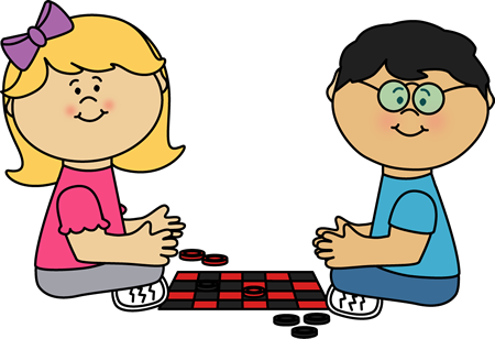 Two smiling cartoon children, a girl with a purple bow and a boy with glasses, playing checkers on a red-and-black board.