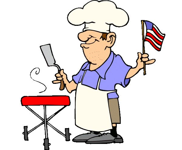 Chef in apron and hat grilling with American flag, cartoon style