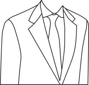 Black-and-white line drawing of a formal suit with shirt and tie, emphasizing classic business attire.