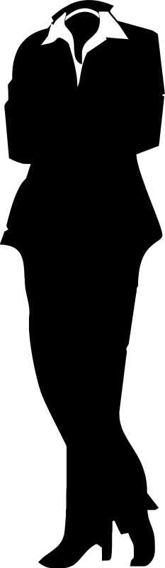 A sleek black silhouette of a woman in an elegant evening gown, standing poised with hands clasped.