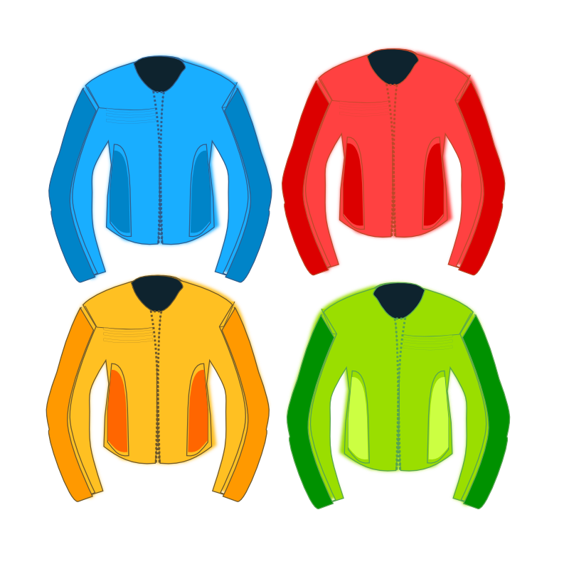 Four colorful motorcycle jackets-blue, red, yellow, and green-shown in flat vector illustration style.