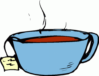 A blue ceramic mug filled with steaming hot tea, with a yellow tea bag tag hanging over the side.