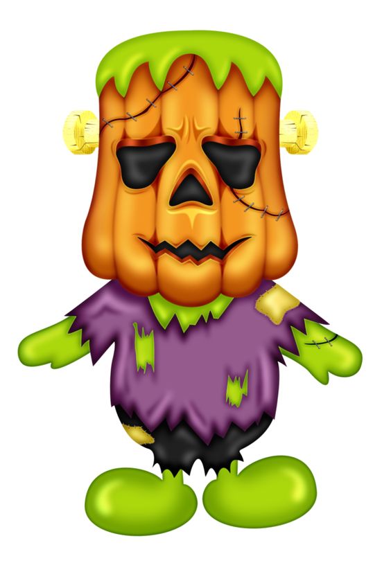 Cute cartoon Frankenstein pumpkin character with green hair, purple torn shirt, and yellow bolts on head.
