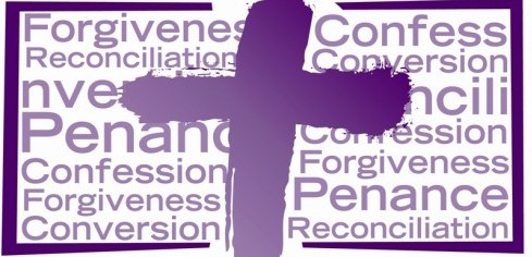 Purple cross overlaid on a word cloud of spiritual terms including Forgiveness, Confession, Penitence, and Reconciliation.