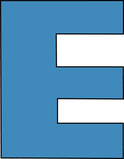 Blue stylized letter "E" with white horizontal bars, outlined in black, resembling a modern logo or icon.