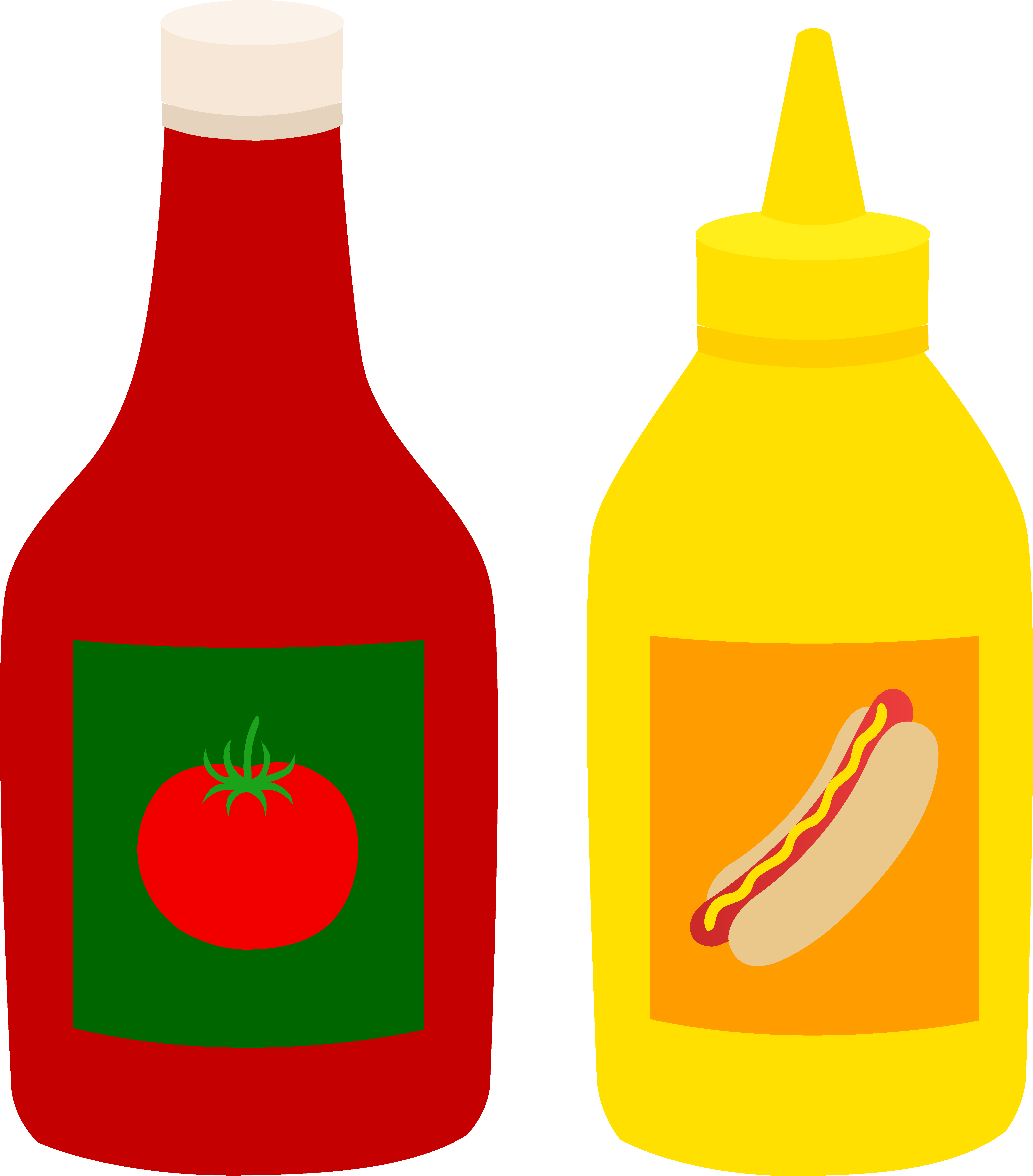 Red ketchup bottle with tomato label and yellow mustard bottle with hot dog illustration, side by side on white background.