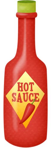 Red hot sauce bottle with green cap and yellow diamond label featuring "HOT SAUCE" text and a chili pepper illustration.