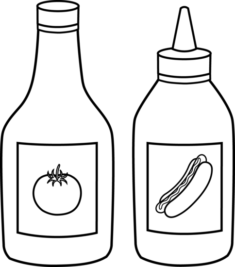 Line drawing of a ketchup bottle with tomato icon and a mustard/sauce squeeze bottle with hot dog icon.