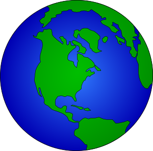 Simplified illustration of Earth showing green continents and blue oceans, focused on the Americas.