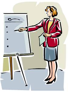 Businesswoman presenting on a flip chart with pointer and notes, professional training or meeting setting.