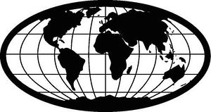 Black and white world map globe with latitude and longitude grid lines, showing all continents in silhouette.