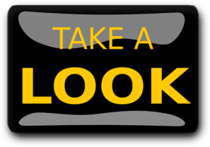 Bold yellow text "TAKE A LOOK" on black background with gray abstract shapes above and below.