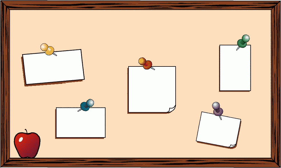 Wooden corkboard with five blank notes pinned by colorful pushpins and a red apple in the corner.