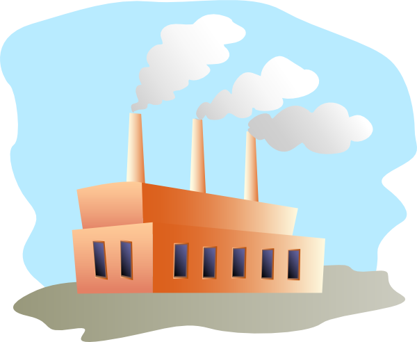 Orange industrial factory with three smokestacks emitting white smoke against a light blue sky.