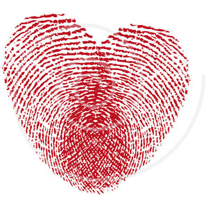 A red fingerprint pattern shaped into a heart on a white background, symbolizing identity and love.