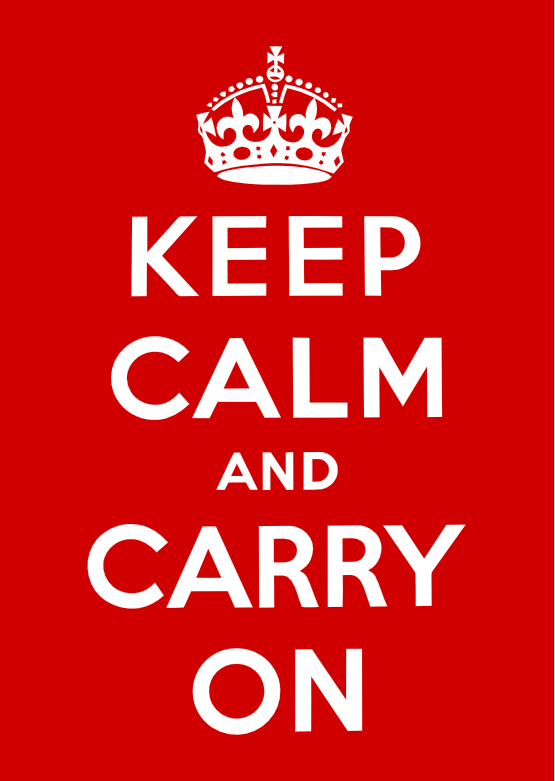 Red poster with white crown and "KEEP CALM AND CARRY ON" text in bold sans-serif font.