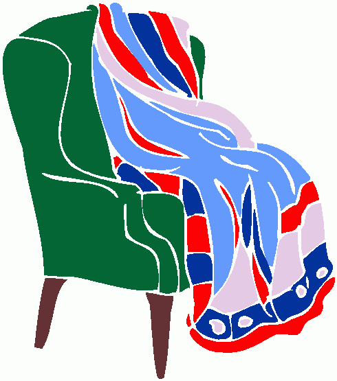 A green armchair draped with a colorful striped blanket in red, blue, and lavender.