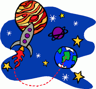 A colorful cartoon rocket flying through space past Earth, a striped gas giant, and a ringed planet, surrounded by stars.