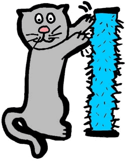 Gray cartoon cat enthusiastically scratching a bright blue textured post with front paws.