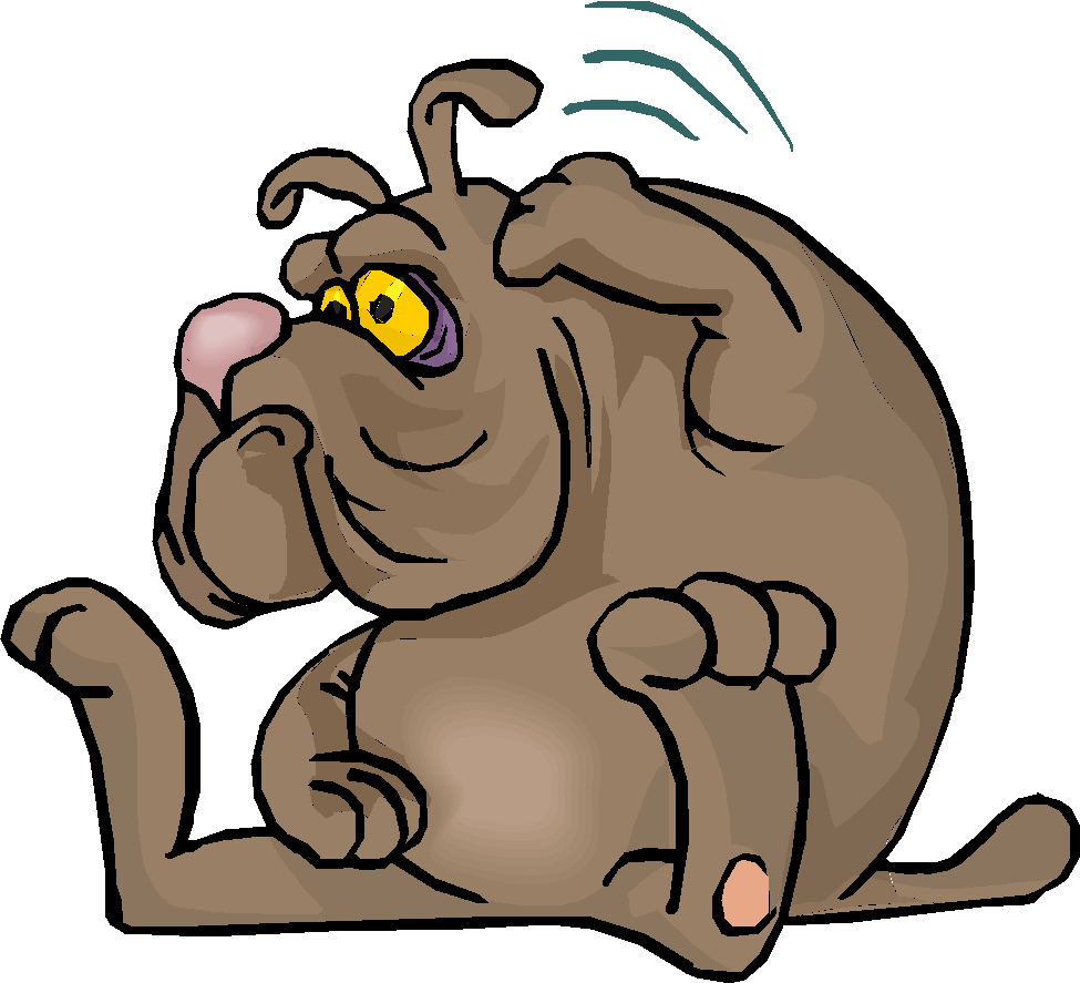 Cartoon bulldog with yellow eyes, pink nose, and blue shock lines above head, sitting playfully on black background.