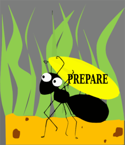 A cartoon ant holding a yellow sign that reads "PREPARE" amidst green grass and soil.