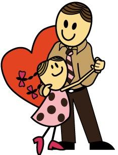 A smiling man and girl holding a large red heart with bows, symbolizing father-daughter love and affection.