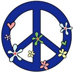 Blue peace symbol adorned with colorful flowers and hearts, symbolizing love and harmony.