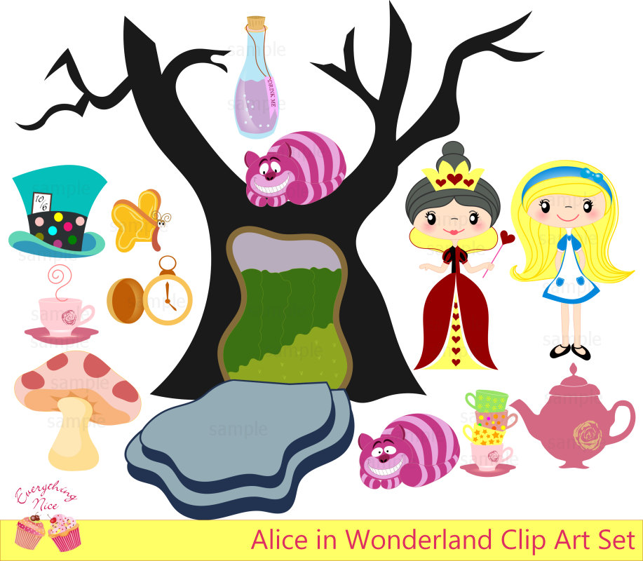Alice in Wonderland Clip Art Set - Printable Fantasy Illustrations