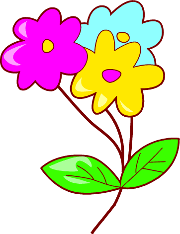 Three colorful cartoon flowers-pink, yellow, and blue-with green leaves on brown stems.