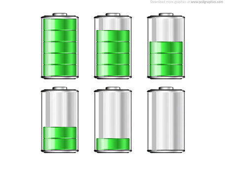 Six battery icons showing decreasing charge levels from full to empty, arranged in two rows.