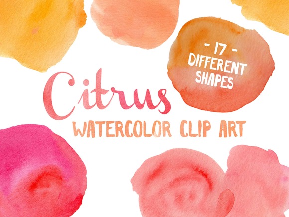 Vibrant citrus-themed watercolor clip art with 17 different shapes in pink, orange, and yellow hues.