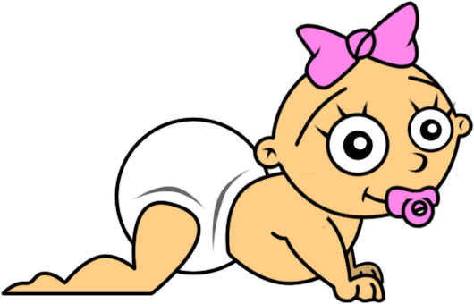 Cute cartoon baby girl crawling in diaper with pink bow and pacifier.