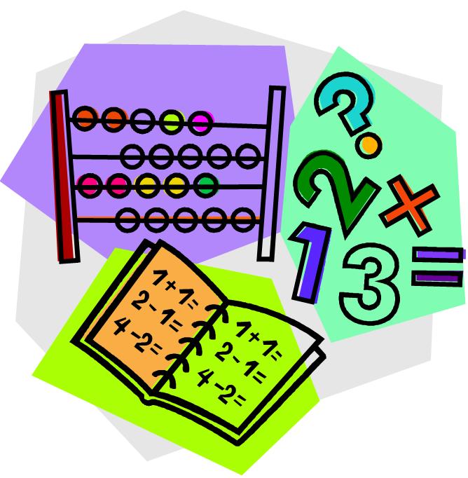 Colorful educational illustration featuring an abacus, math workbook, and arithmetic symbols for early learning.
