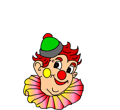 Cheerful cartoon clown with red hair, green hat, yellow and red nose, and colorful ruffled collar.