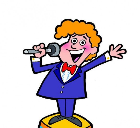 Cheerful cartoon singer with curly orange hair, blue suit, red bowtie, holding microphone on stage podium.