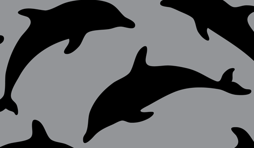 Black dolphin silhouettes swimming against a gray background in a repeating pattern.