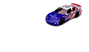 Blue and white NASCAR race car with red accents and star motifs, angled view on white background.