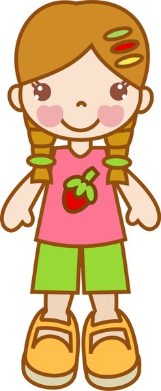 Cheerful cartoon girl with braided hair, pink shirt with strawberry, green shorts, and yellow shoes.