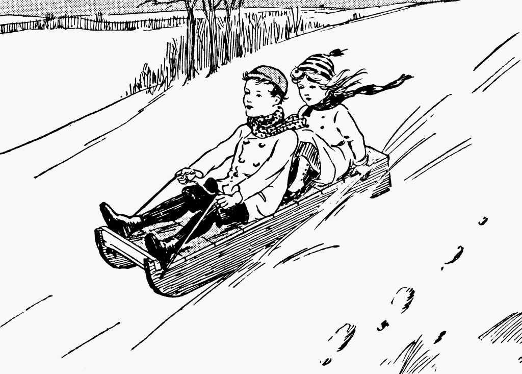 Two children joyfully sledding down a snowy hill on a wooden sled, dressed in vintage winter clothing.