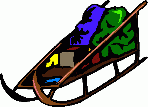 A colorful wooden sled loaded with wrapped gifts and greenery, evoking a festive winter scene.