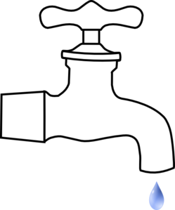 White faucet icon with a blue water droplet falling, symbolizing water conservation or plumbing.