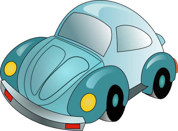 Light blue cartoon-style vintage beetle car with yellow headlights and black wheels, angled front view.