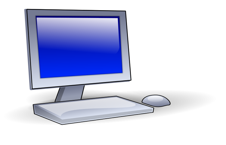 Silver desktop computer with blue screen and optical mouse on black background