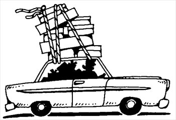 A cartoon-style car overloaded with stacked boxes on its roof, tied down with rope, suggesting a move or delivery.