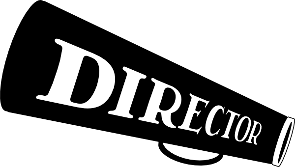 Black megaphone with bold white "DIRECTOR" text, angled diagonally on white background.