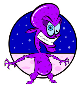 Purple cartoon alien with big eyes, sharp teeth, and a mischievous grin against a starry space backdrop.